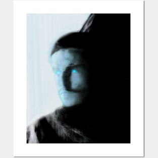 Portrait, digital collage, special processing. Bright side, survival guy. Man between light and darkness. Light blue. Posters and Art